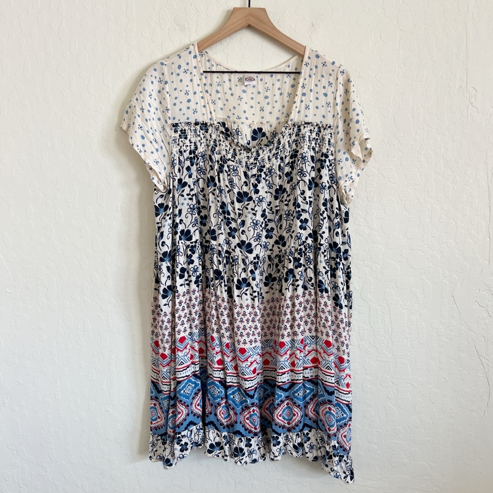 Bila Patchwork Floral Boho Print Short Sleeve Babydoll Mini Dress Large Blue - Picture 1 of 6